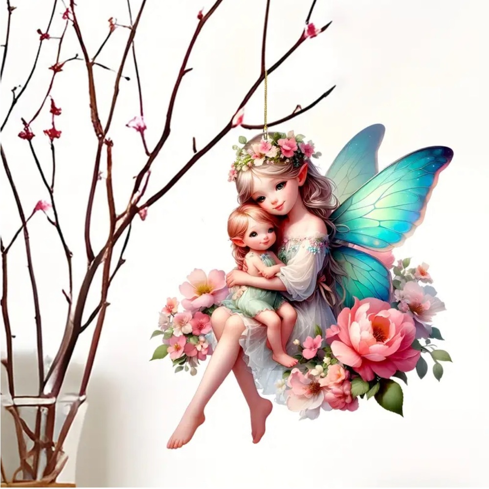 Mother & Child Floral Elf Fairy 2D Acrylic Ornament Pendant Plaque